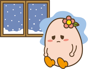 窓の外に積もる雪と、その前で憂鬱そうに座るハグみちゃんイラスト